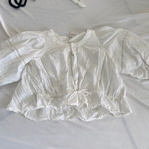 Free People White Eyelet Tie-Front Peasant Top